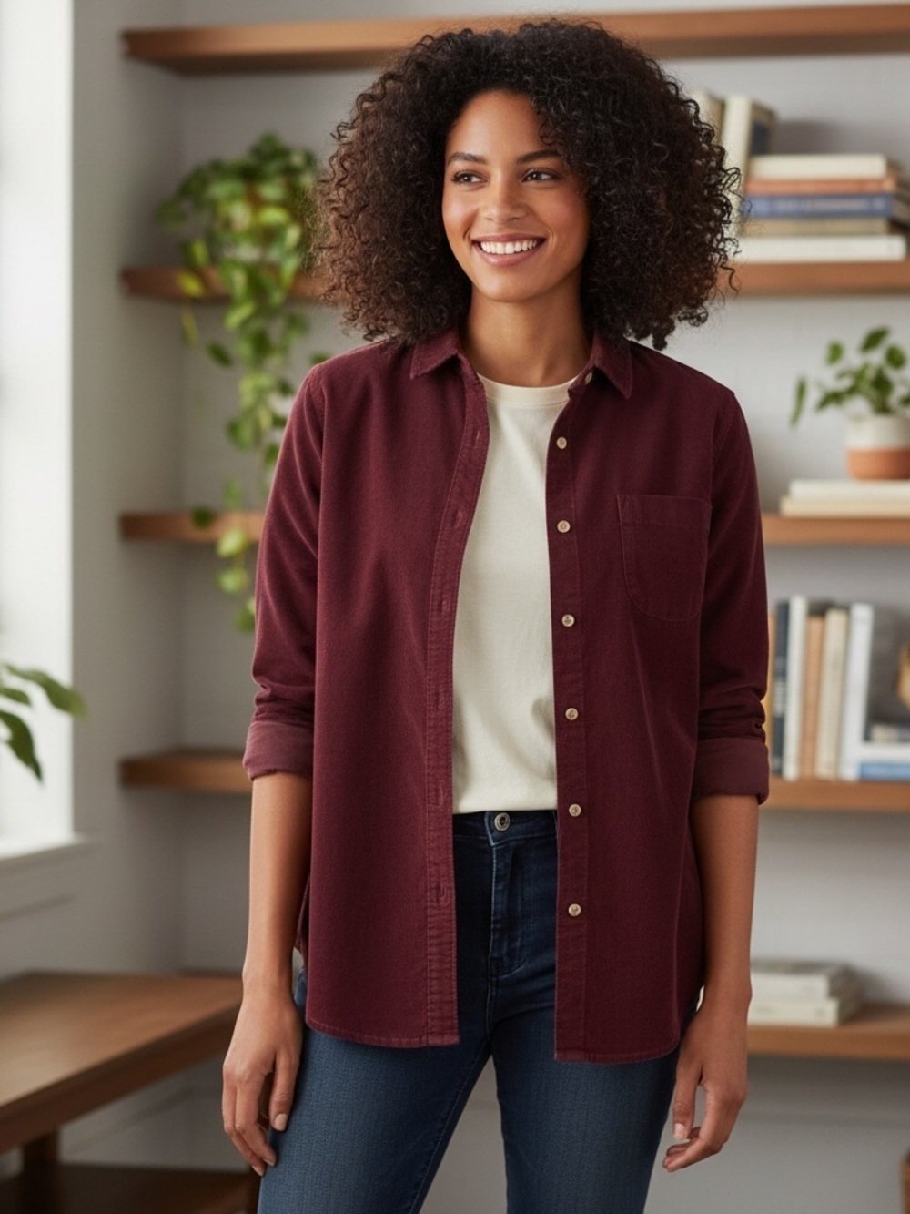 Jachs Girlfriend Classic corduroy Button-Down Shirt Jacket in Deep Burgundy